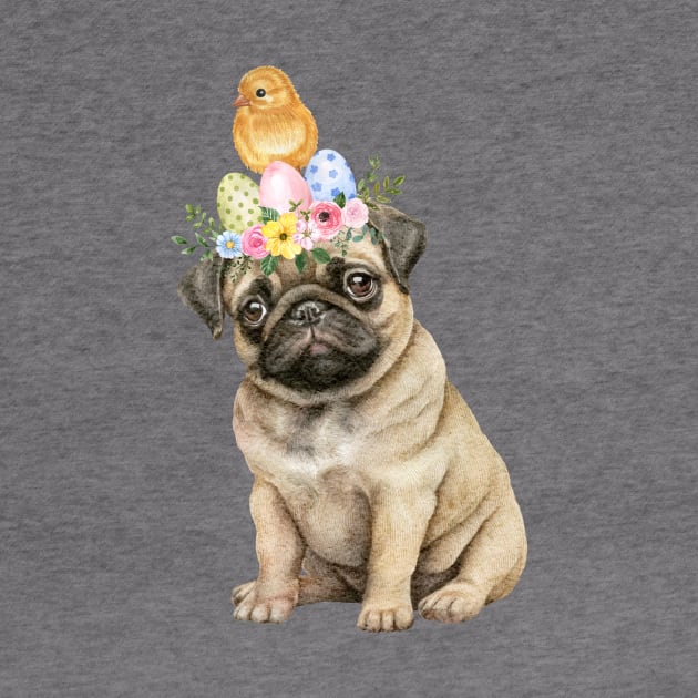 Sweet baby pug wit easter wreath and lttle yellow chicken on the head by GerganaR